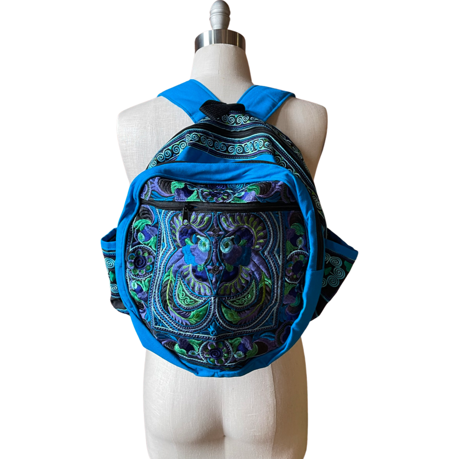 Fair Trade Artisan Made Bird Embroidered Hmong Backpack- Blue