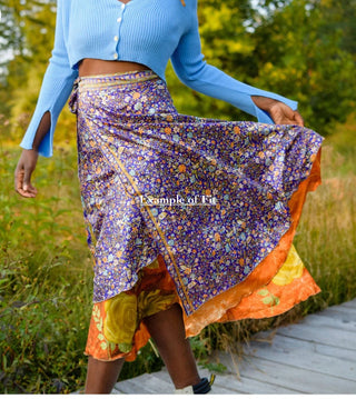 Size 2-12 Reversible Upcycled Sari Wrap Skirt - Tea Length