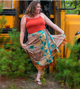 Size 2-12 Reversible Upcycled Sari Wrap Skirt - Tea Length