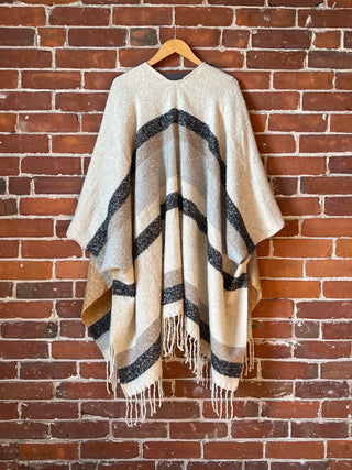 The Softest Farmers Market Fringe Poncho - Oatmeal, Black + Gray