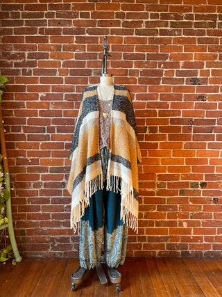 The Softest Farmers Market Fringe Poncho - Oatmeal, Black + Gray