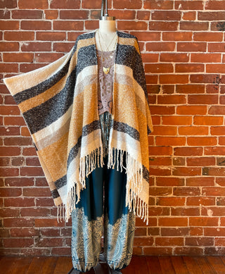 The Softest Farmers Market Fringe Poncho - Oatmeal, Black + Gray