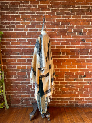 The Softest Farmers Market Fringe Poncho - Oatmeal, Black + Gray