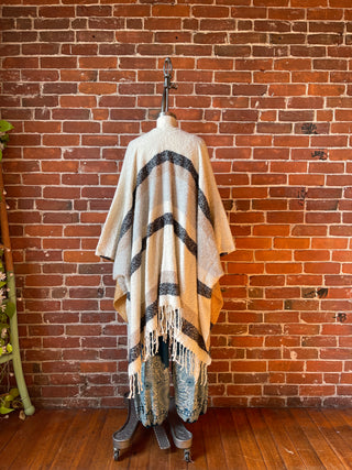 The Softest Farmers Market Fringe Poncho - Oatmeal, Black + Gray