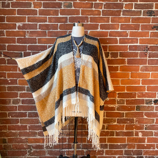 The Softest Farmers Market Fringe Poncho - Oatmeal, Black + Gray