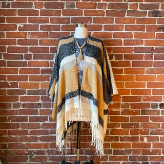 The Softest Farmers Market Fringe Poncho - Oatmeal, Black + Gray