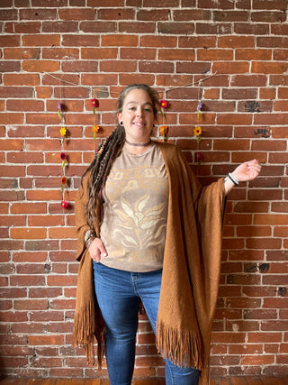 Earthy Mama Long Brown Fringe Poncho With Pockets