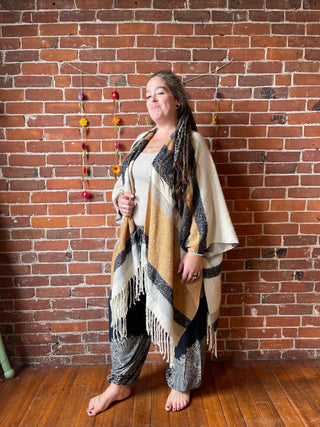 The Softest Farmers Market Fringe Poncho - Oatmeal, Black + Gray