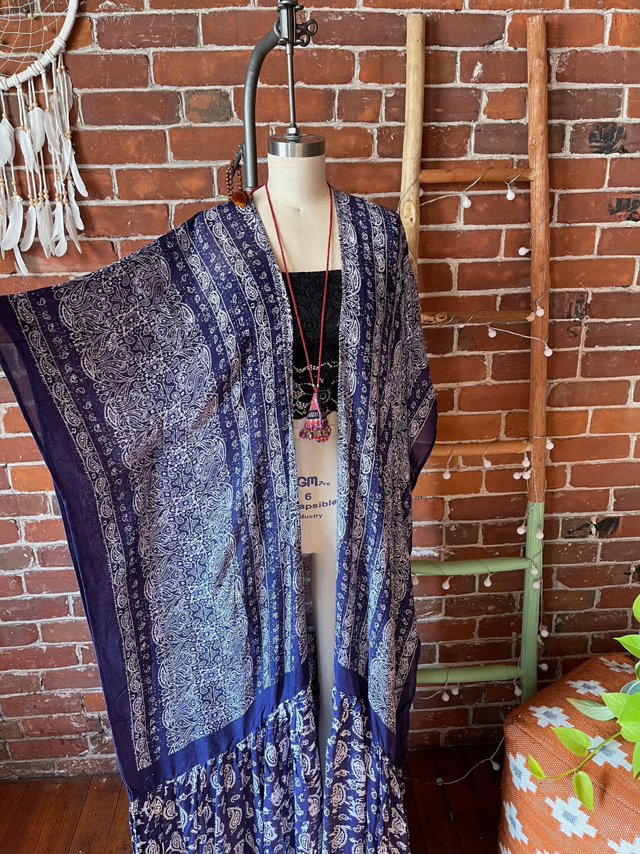 One Size Fits Most Long Flowy Blue Paisley Grateful Dead Tiered Robe Kimono