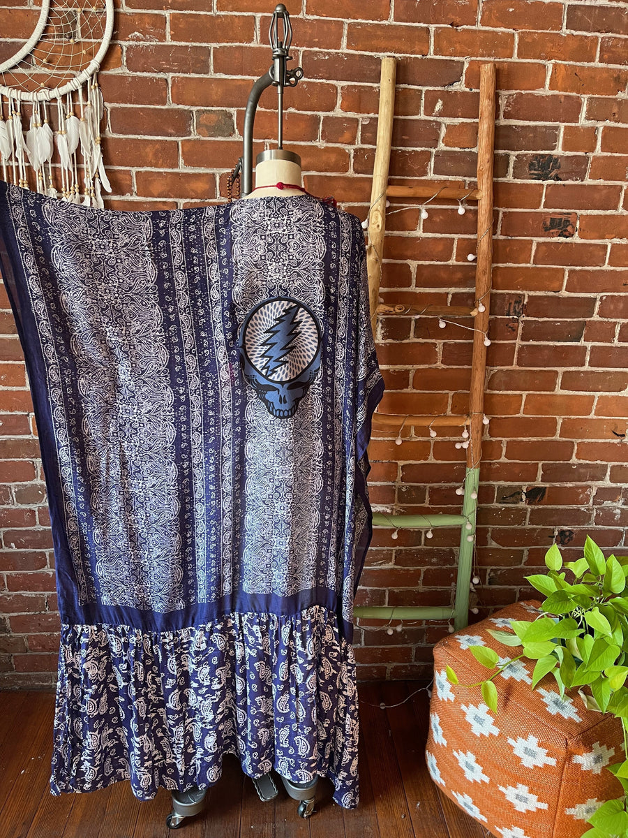 One Size Fits Most Long Flowy Blue Paisley Grateful Dead Tiered Robe Kimono