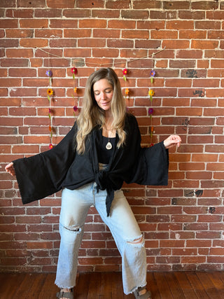 Black Cotton Gauze Boho Light Kimono Layer