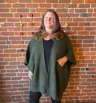 Moss Green Chunky Knit Soft Poncho With Pockets