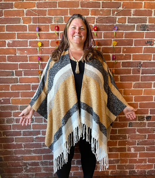 The Softest Farmers Market Fringe Poncho - Oatmeal, Black + Gray