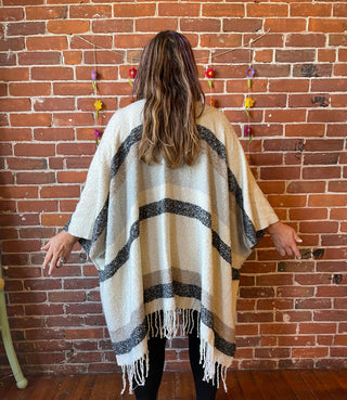 The Softest Farmers Market Fringe Poncho - Oatmeal, Black + Gray