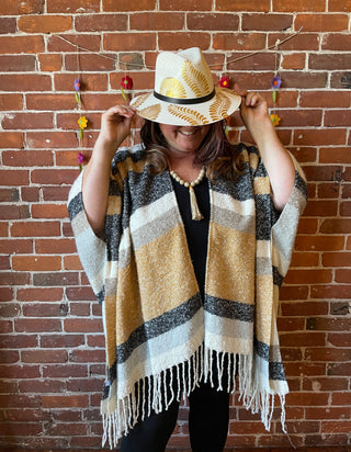 The Softest Farmers Market Fringe Poncho - Oatmeal, Black + Gray