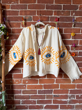 Cropped Evil Eye Sun 100% Cotton Hoodie - Fair Trade Made - Final Sale
