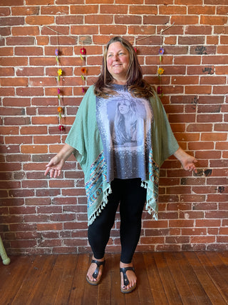 Stevie Nicks Inspired Sage Embroidered Tassel Poncho