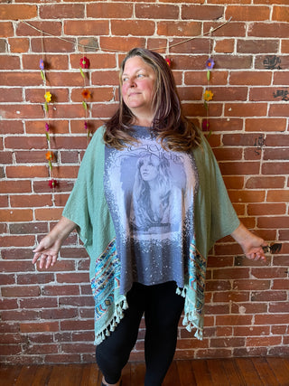 Stevie Nicks Inspired Sage Embroidered Tassel Poncho