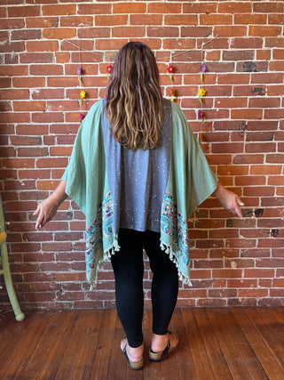 Stevie Nicks Inspired Sage Embroidered Tassel Poncho