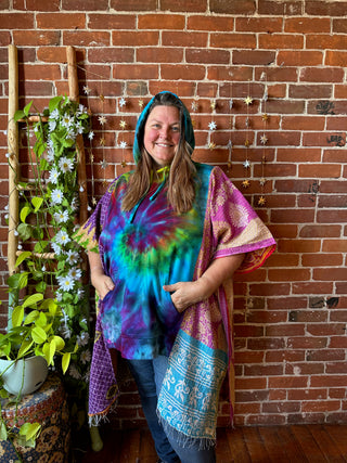 Soul Shine Maine X Mountain Girl Collab OOAK Upcycled Tie Dye Kantha hi Lo Hoodie