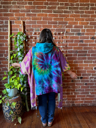 Soul Shine Maine X Mountain Girl Collab OOAK Upcycled Tie Dye Kantha hi Lo Hoodie