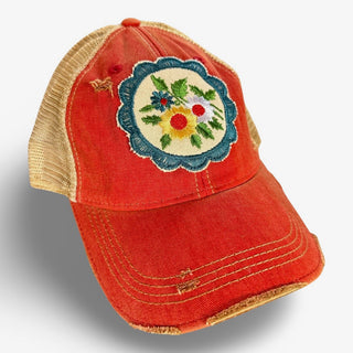Boho Flower Patch Hat -Faded Red Color