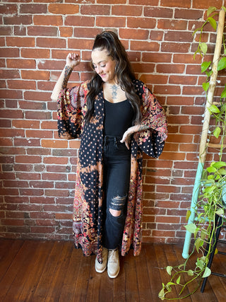 Midnight Queen Floral Bleach Dye Kimono Duster