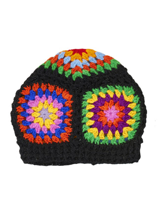 Granny Square Boho Wool Beanie- Black