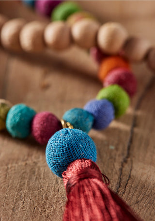 Recycled Sari Wooden Bead Tassel Necklace