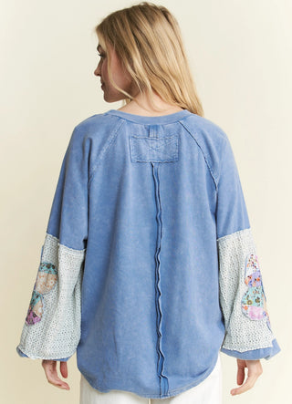 Flower Power Patchwork Floral Mineralwash Sweatshirt - Blue