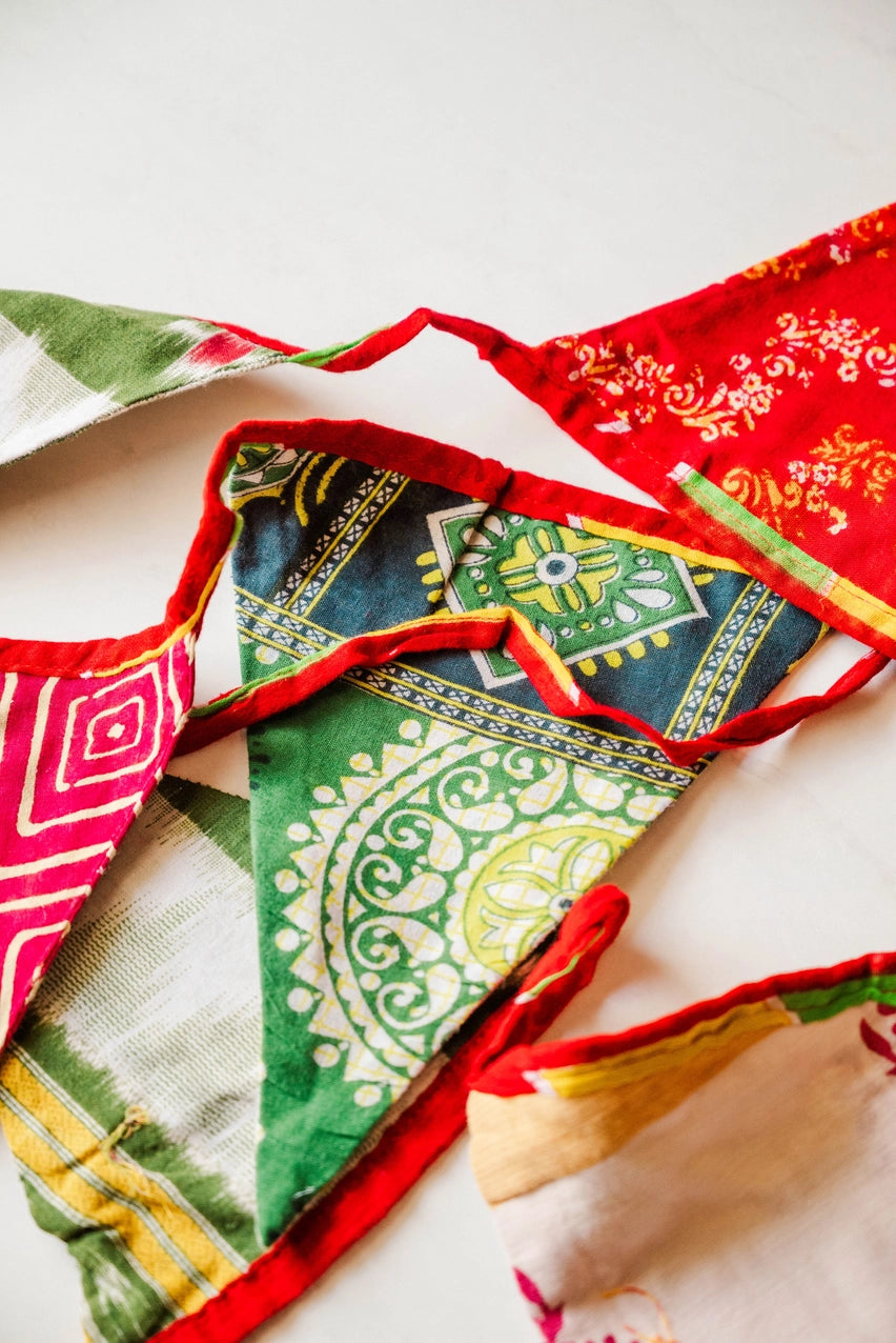 Recycled Saree Triangle Banner- Holiday colors - This piece Supports Women Empowerment