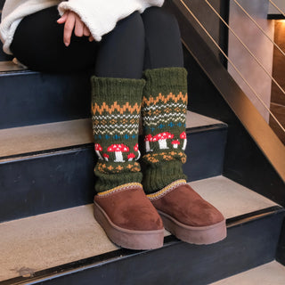 Mushroom Knit Fair Isle Fleece Lined Leg Warmers
