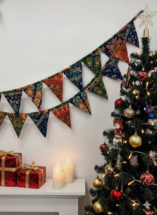 Festive Recycled Mandala Triangle Banner / Cotton Bunting Garland