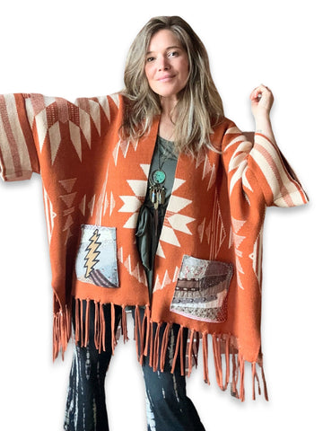 One Size Fits Most Grateful Dead Fringe Poncho Patchwork Pocket Sweater- Burnt Orange