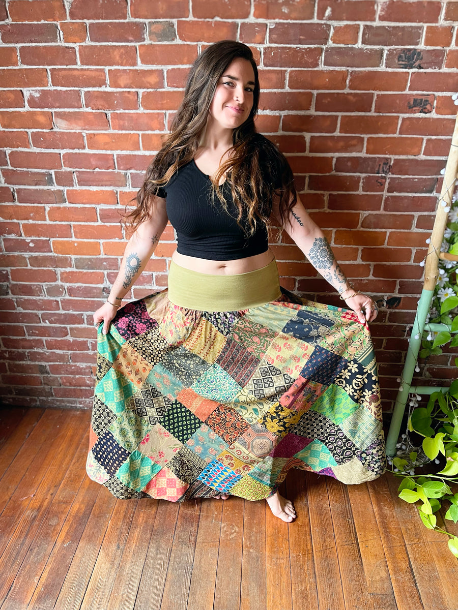One Size. Small-Large Yoga Waistband Patchwork Boho Festival Cotton Skirt - Item: 1033