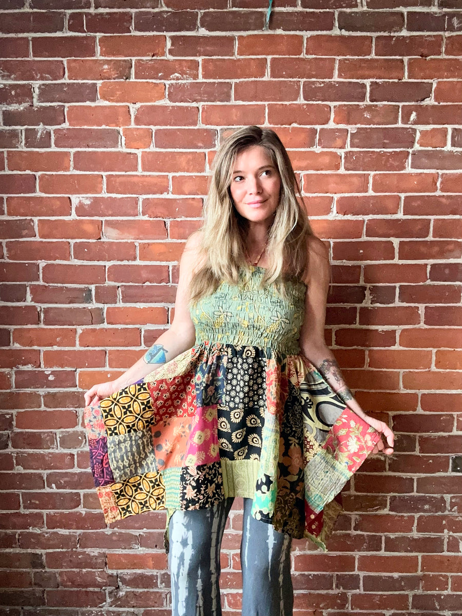 Size Large/XL Recycled Cotton Sari Patchwork OOAK Ruched Fairy Hem Tunic