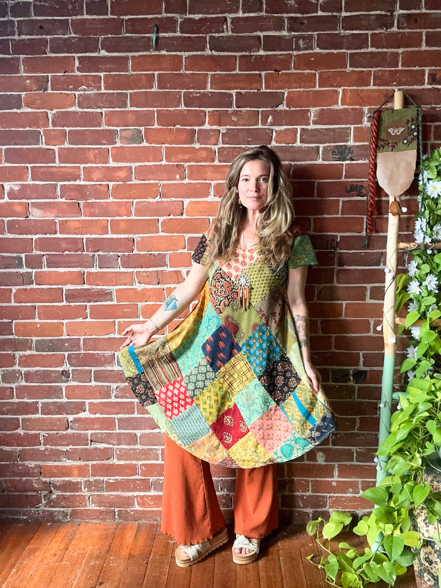 Size Small/Medium Recycled Cotton Sari Patchwork OOAK Dress Item: 1272
