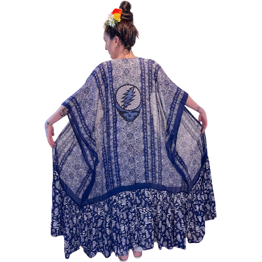 One Size Fits Most Long Flowy Blue Paisley Grateful Dead Tiered Robe Kimono