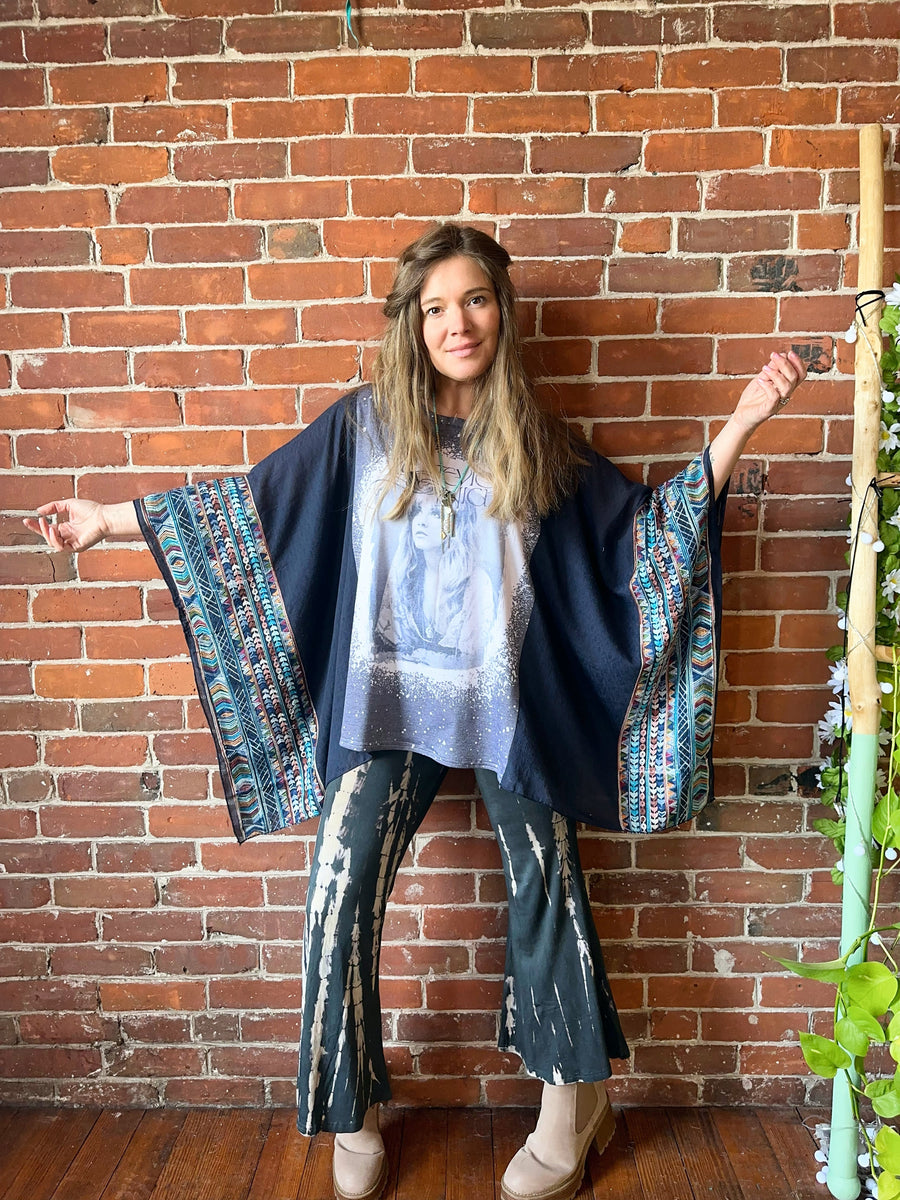 One Size Fits Most Stevie Nicks Navy Blue Embroidered Detail Poncho Top Item: 1176