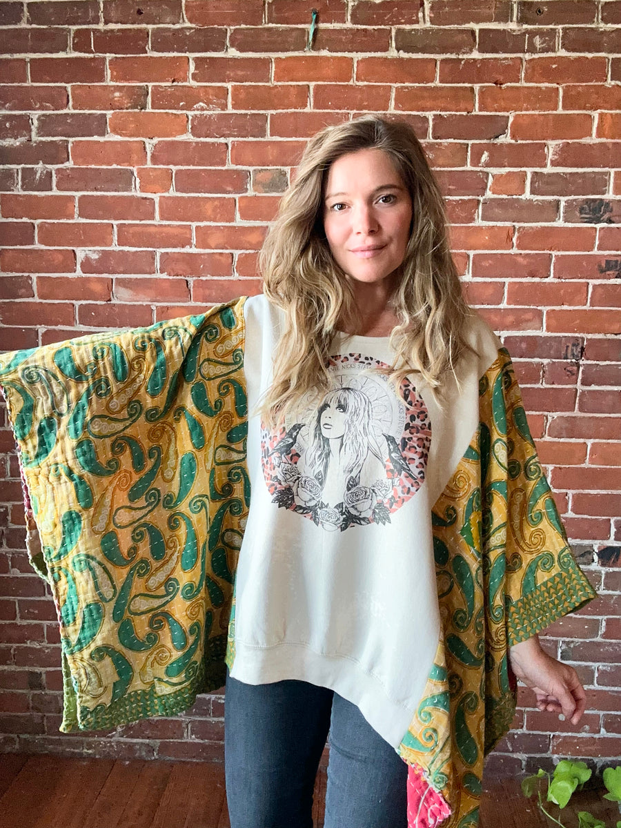 One Size Fits Most Upcycled Stevie Nicks Sweatshirt Kantha Poncho Top Item: 1308