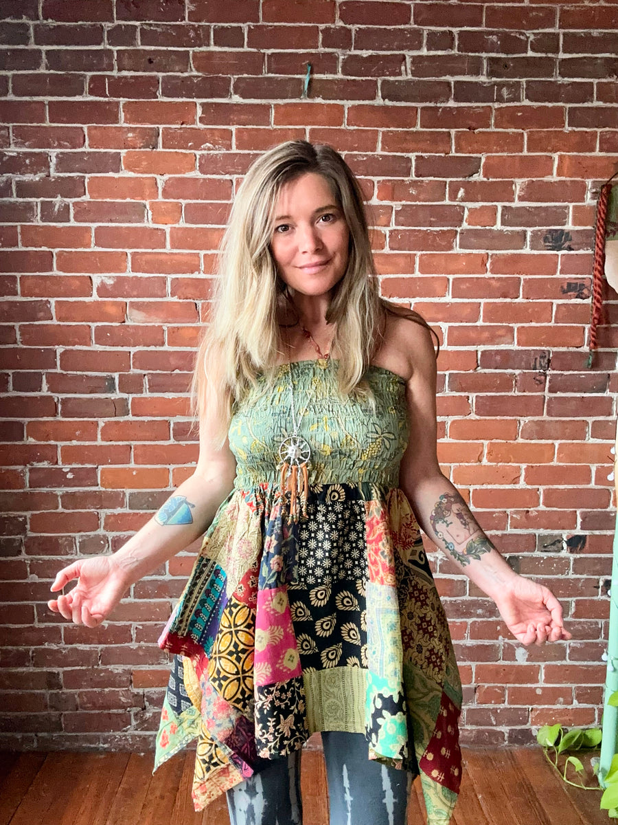 Size Small/Medium Recycled Cotton Sari Patchwork OOAK Ruched Fairy Hem Tunic