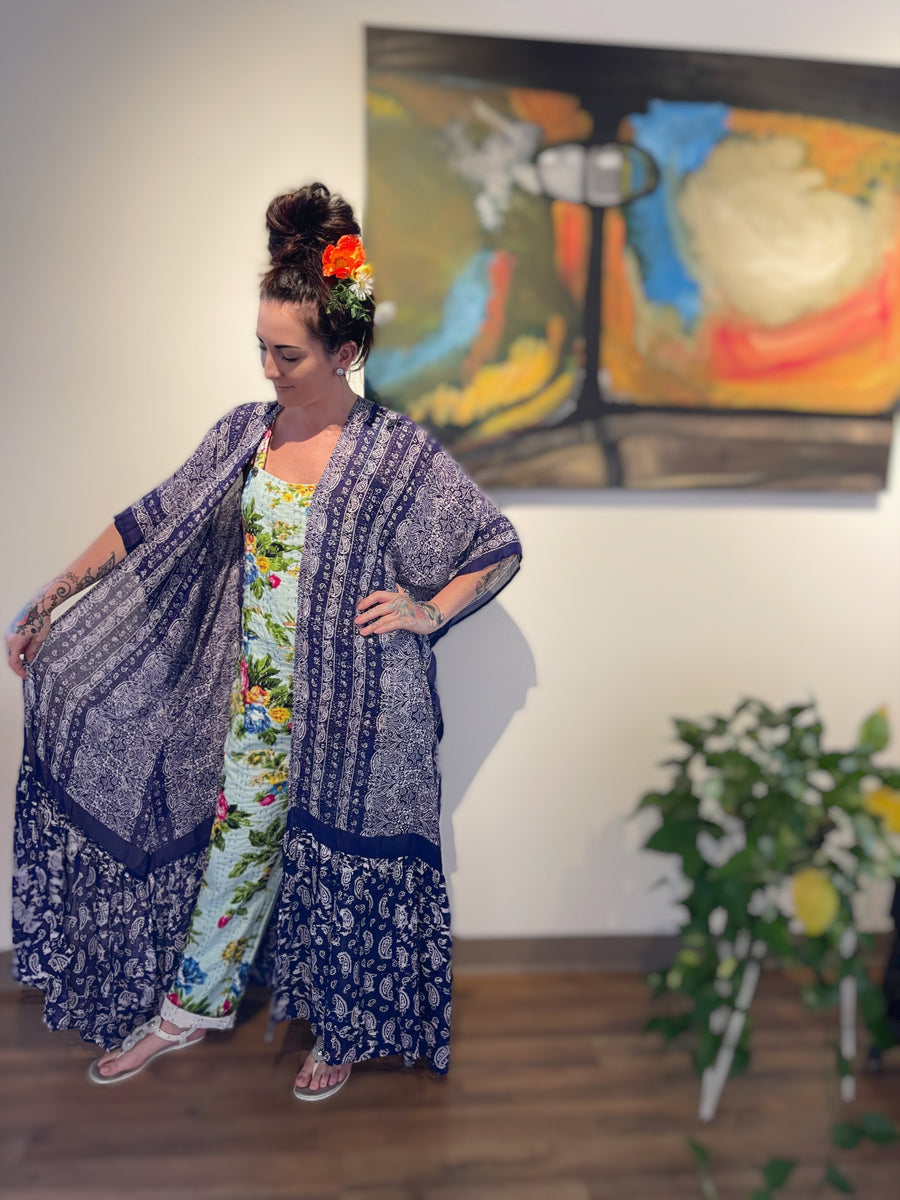 One Size Fits Most Long Flowy Blue Paisley Grateful Dead Tiered Robe Kimono