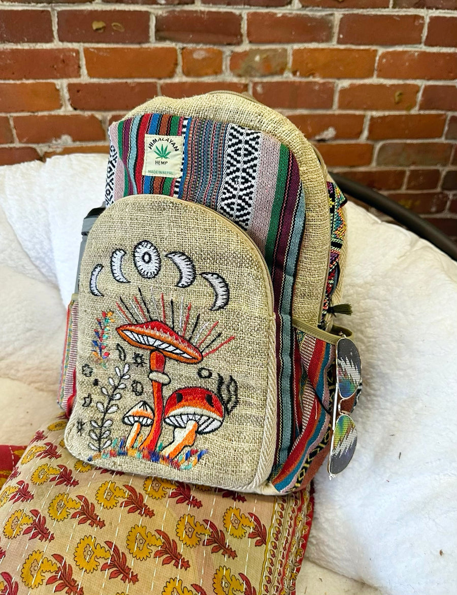 Hemp and Cotton Magic Mushroom + Moon Phase Embroidered Backpack