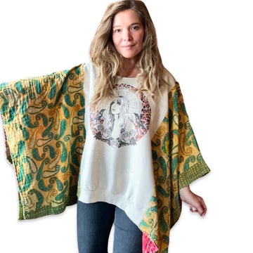 One Size Fits Most Upcycled Stevie Nicks Sweatshirt Kantha Poncho Top Item: 1308