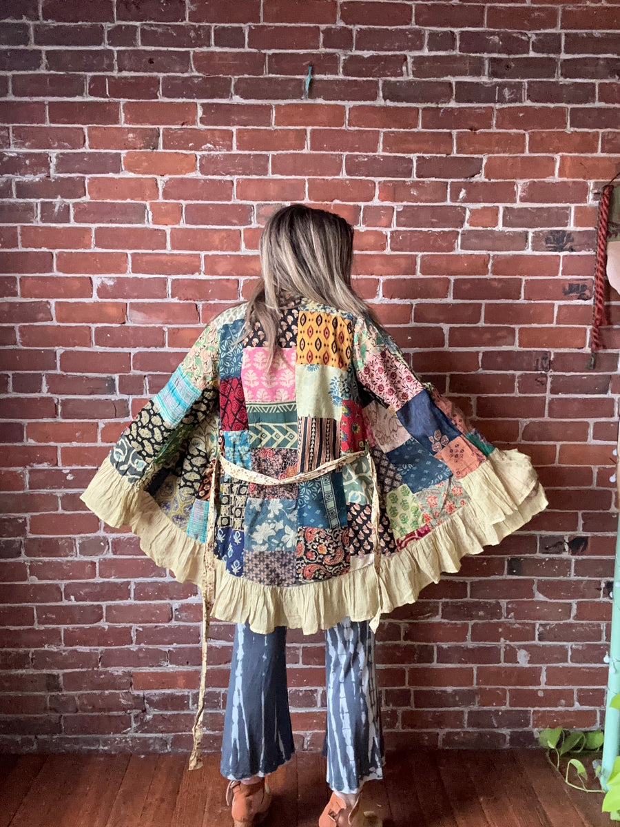 Size Small/Medium Recycled Ruffle Cotton Sari Patchwork OOAK Upcycled Wrap Robe Kimono