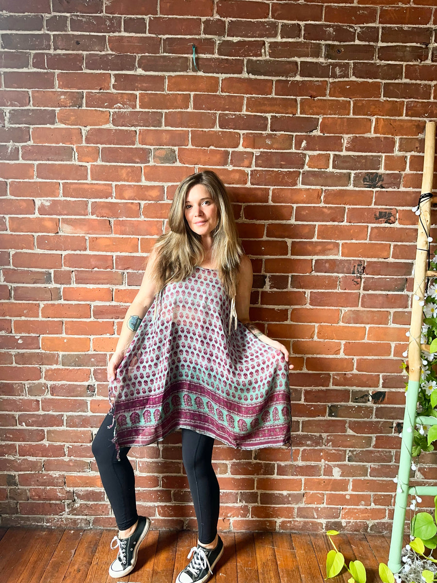 Free Size. Dahlia Dip Dyed Block Print Flowy Tank Top /Poncho - Green Item: 1120