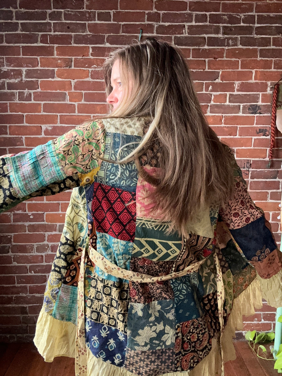 Size Small/Medium Recycled Ruffle Cotton Sari Patchwork OOAK Upcycled Wrap Robe Kimono