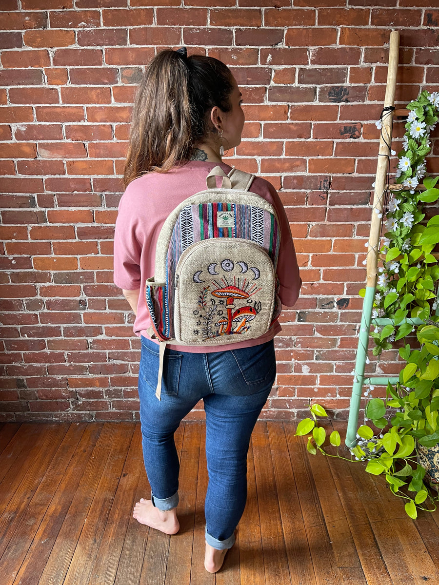 Hemp and Cotton Magic Mushroom + Moon Phase Embroidered Backpack