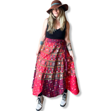Free Size. Tapestry Print Scalloped Hem Wrap Skirt In Red with Secret Pocket