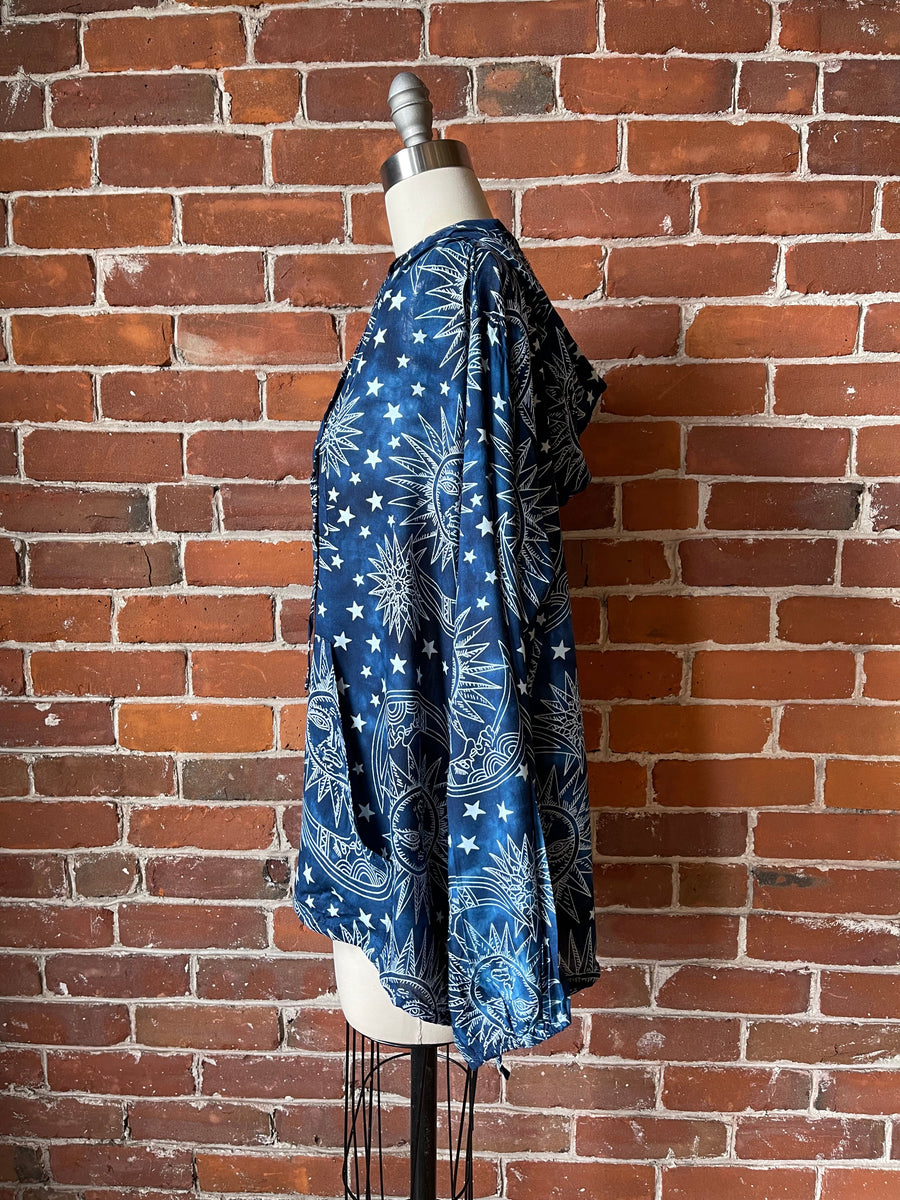 Free Size Indigo Blue Sun, Moon + Stars Batik Flowy Pullover Hoodie